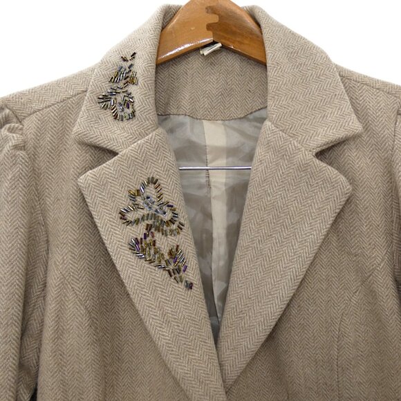 Vintage Y2K Old Navy Wool Tweed Blazer M Beige Embellished Collar Academia Prep - Picture 8 of 13